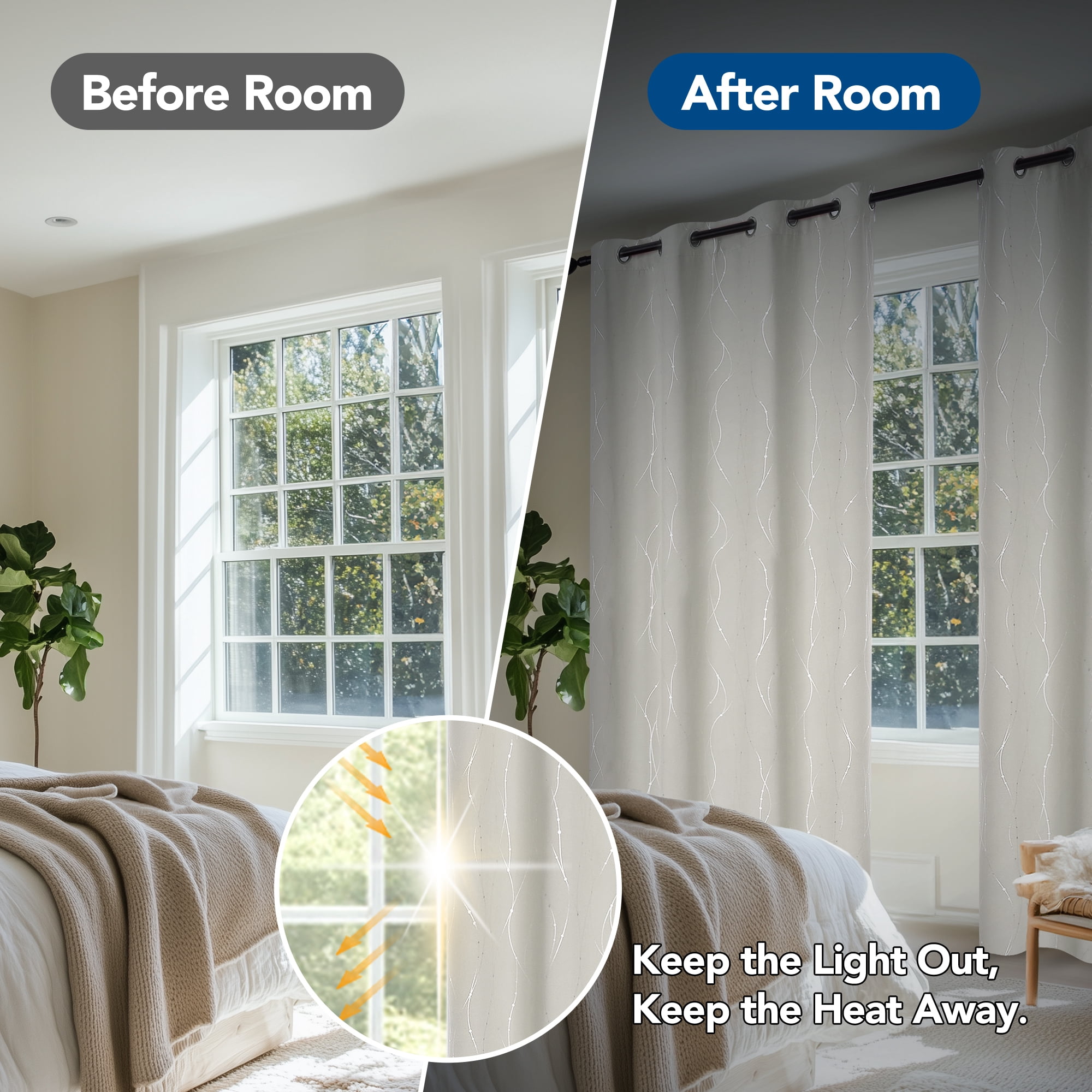 Deconovo Silver Printed Blackout Curtains - 2 Panels, Wave Dots Pattern, Grommet Top, 52"x84", Thermal Insulated Drapes for Bedroom & Living Room, Cream