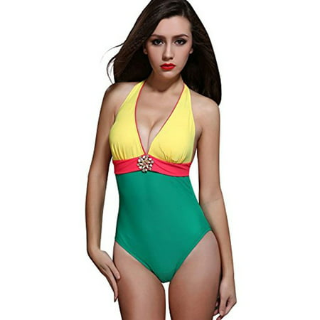 Foclassy Women's One Piece Swimwear With Halter Neck X-Large (Best Swimsuit For Large Thighs)