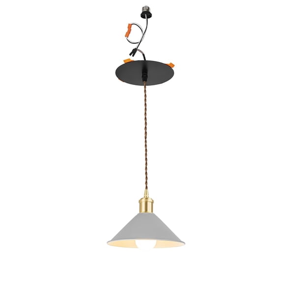 KAYYELAMP 1 Pcs Recessed Retrofit Pendant Conversion Kit E26 Power Connector 3.2 Ft Adjusted Cord Modern Design Grey Metal Shade Brass Base Hanging Light for Home Office(No Bulb)
