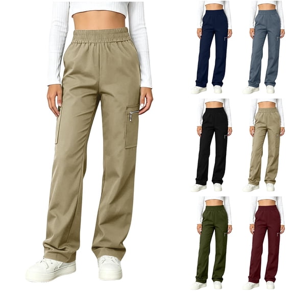 Womens Cargo Pants High Waisted Straight Leg Casual Summer Trousers Elastic Waist with Zipper Pockets for Work Daily Wear Travel,Olive Green,L