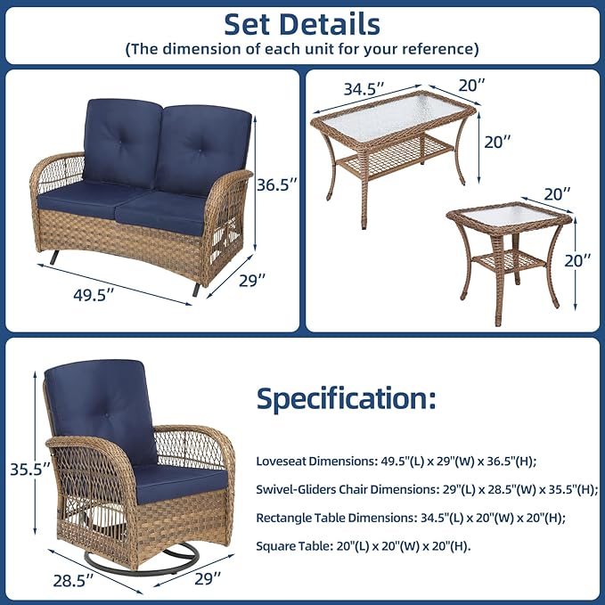 SOCIALCOMFY 5-Piece Wicker Patio Furniture Sets Outdoor All-Weather Rattan Conversation Set Includes Glider Loveseat, 2 Glass-Top Coffee Tables, 2 Swivel Rocking Chairs for Porch Backyard, Navy Blue
