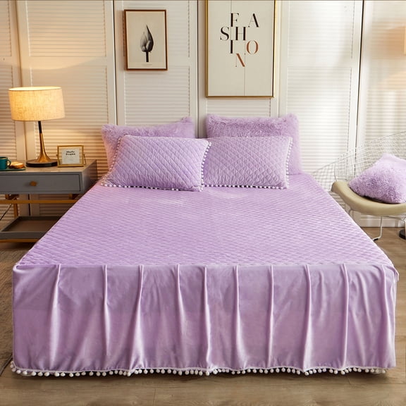 LIFEREVO Soft Faux Fur Bedspread,Pompoms Fringe Velvet Bed Cover Twin/Twin XL