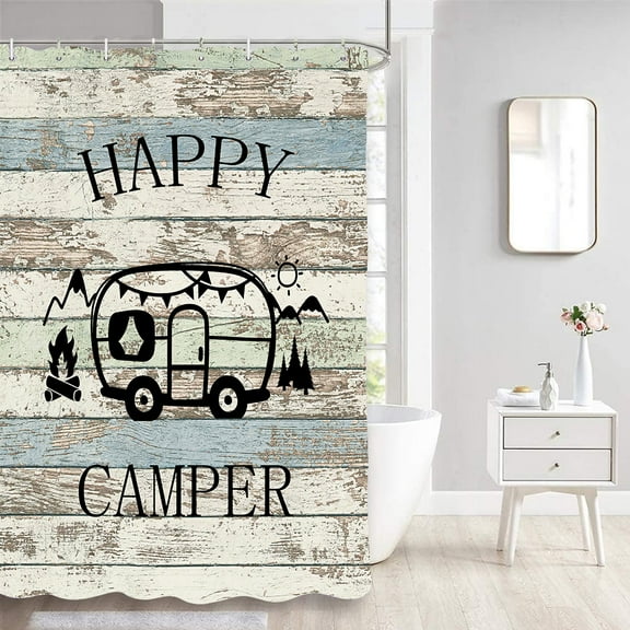 Happy Camper Shower Curtain, Rustic Farmhouse Barn Wood Country Camping Fabric Shower Curtains Set, Shorter and Narrow Stall Fabric Bathroom Decor Hooks 47X64in