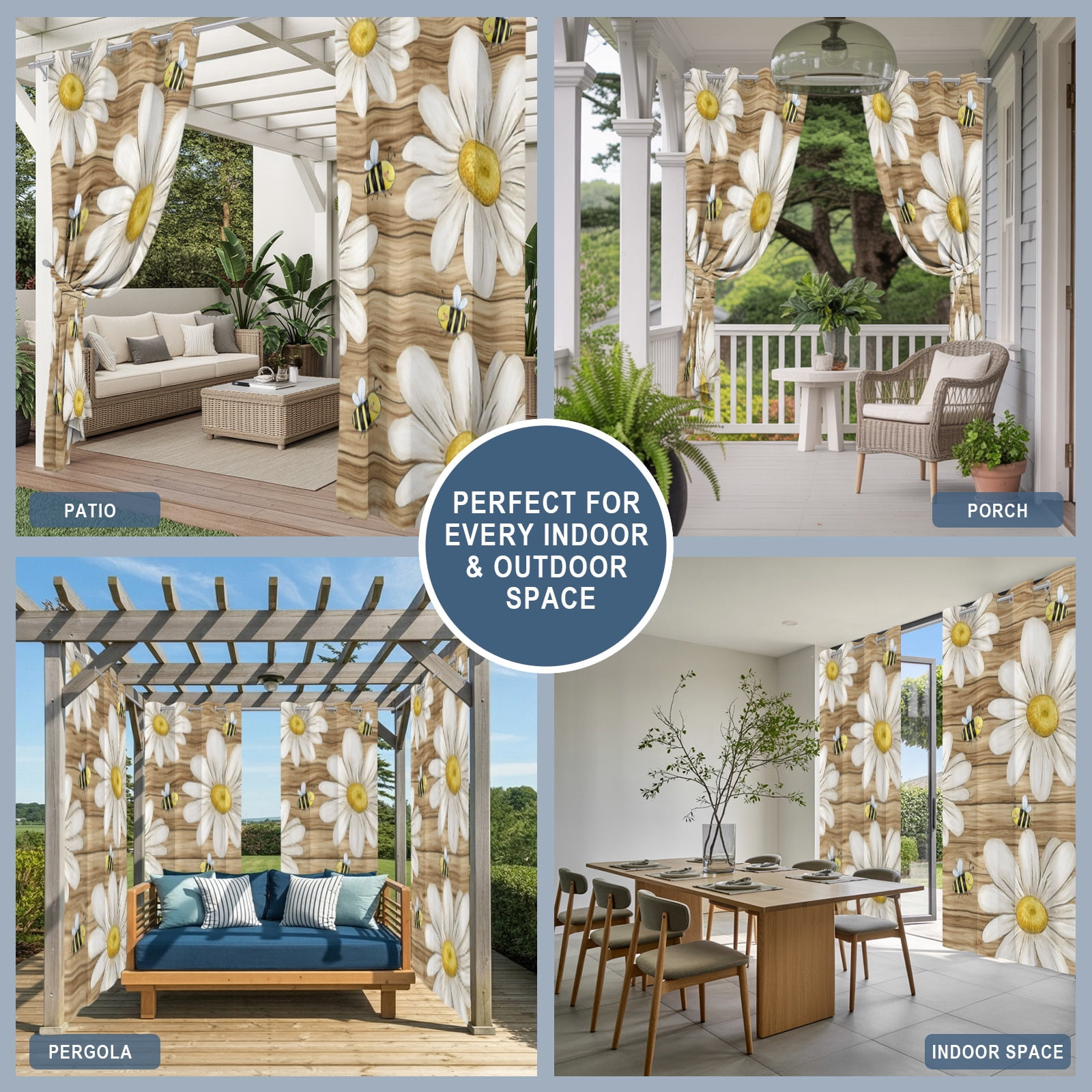 White Daisy Honeybees Outdoor Curtains for Patio, Farmhouse Floral Rustic Wood Stripes Sunshade Privacy Drapes Grommet Waterproof Outside Curtains for Porch/Cabana/Balcony 54"x 108", 1 Panel