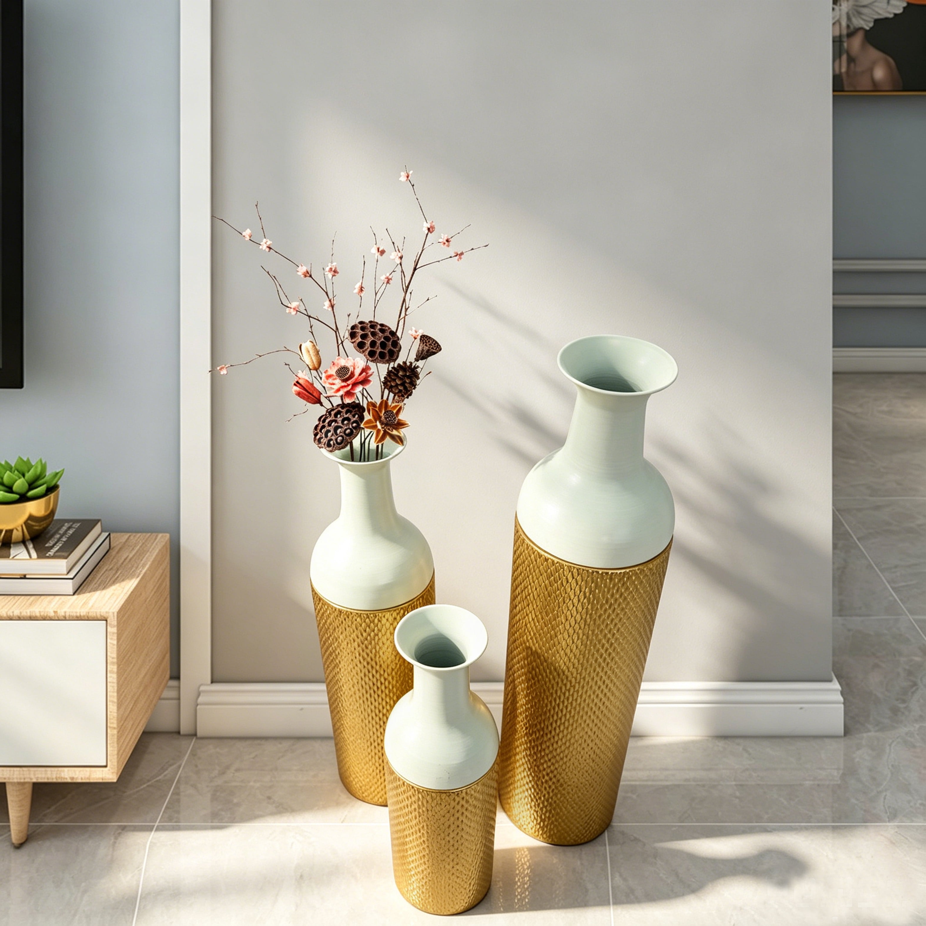 Metal Floor Vases Set of 3 with Leaf Pattern, Tall Decorative Vases and Home Decor Accents for Living Room Entryway, White and Gold
