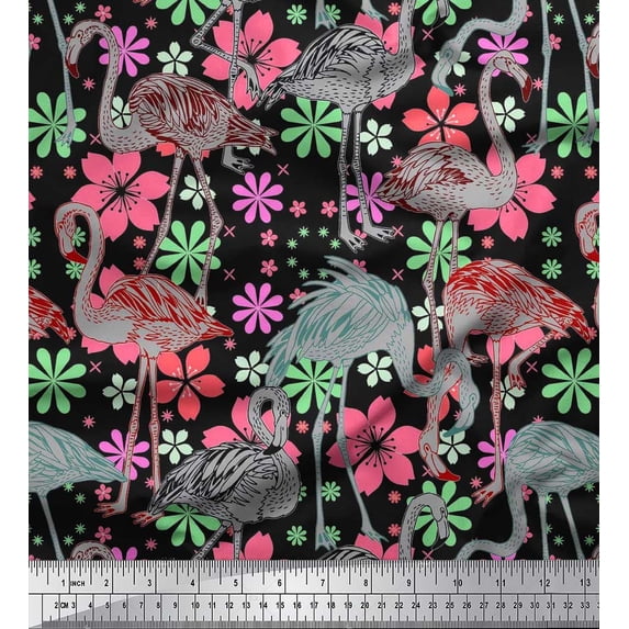 Soimoi Cotton Voile Fabric Floral & Flamingo Bird Decor Fabric Printed Yard 56 Inch Wide