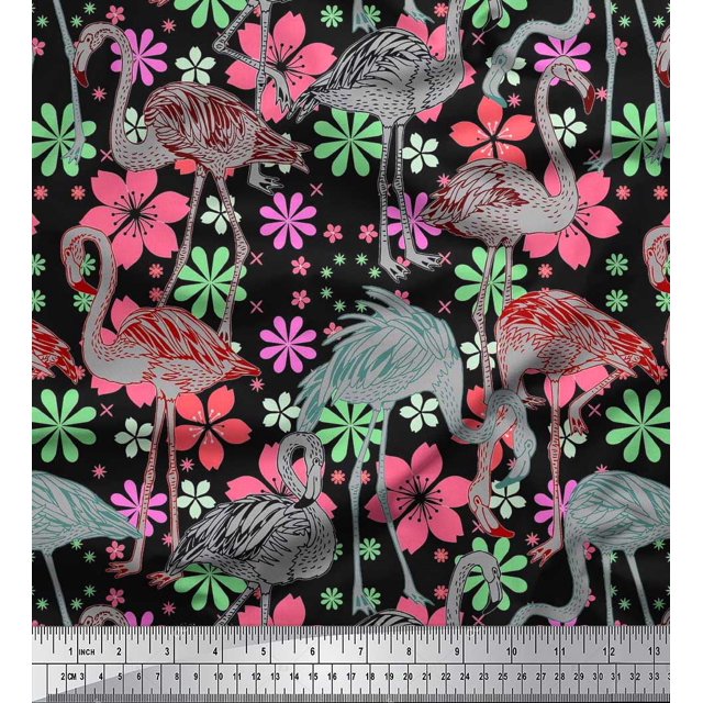 Soimoi Polyester Crepe Fabric Floral & Flamingo Bird Print Fabric by The Yard 52 Inch Wide