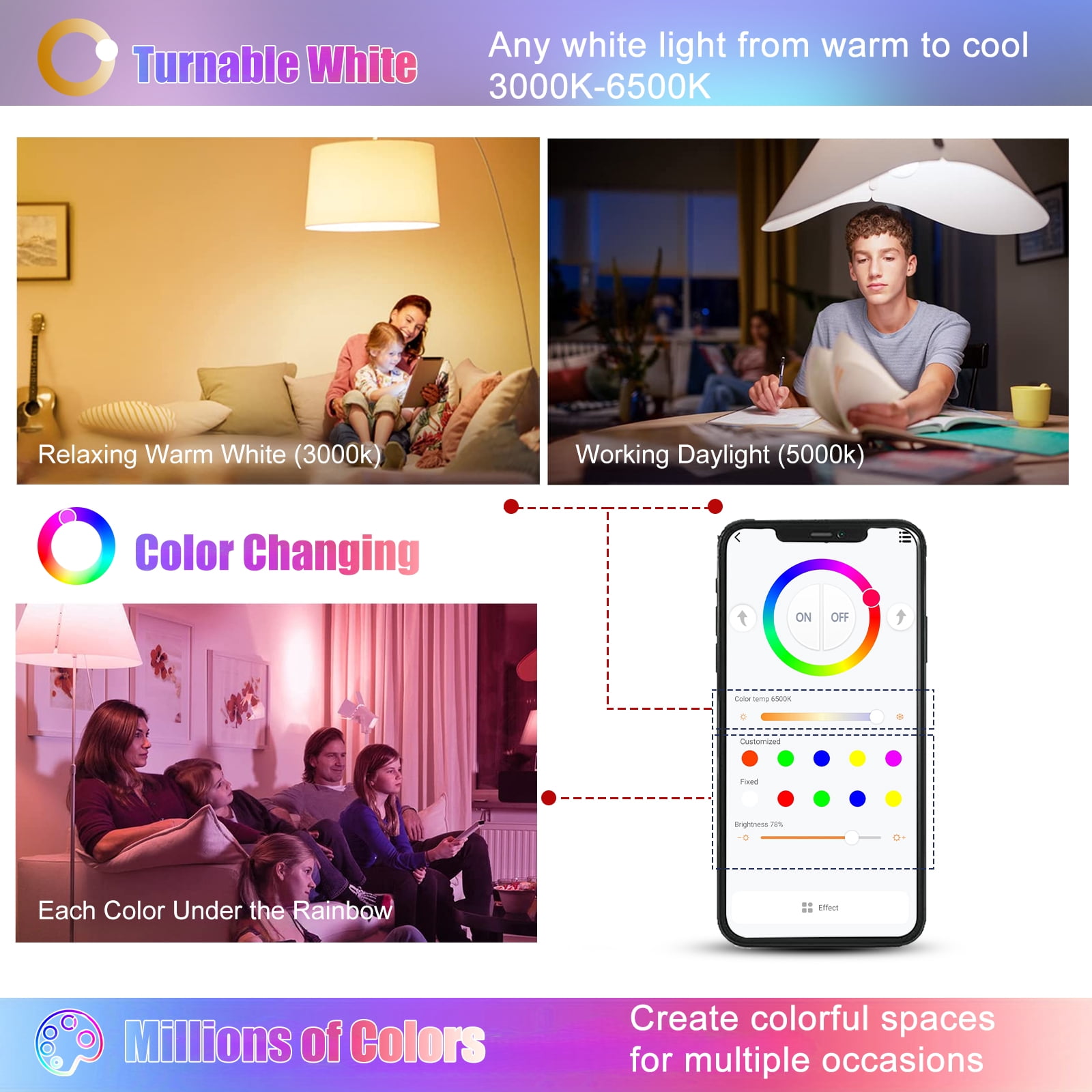 GU24 Smart LED Light Bulbs 4 Pack, Bluetooth Smart Bulb with Music Sync, 12W 1200LM Super Bright RGBCW Color Changing LED Bulb, 2700K-6500K, Dimmable, CFL Halogen Replacement (Not Support Alexa)
