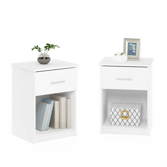Furinno Tidur Nightstand with Handle with One Drawer, Set of 2, Solid White
