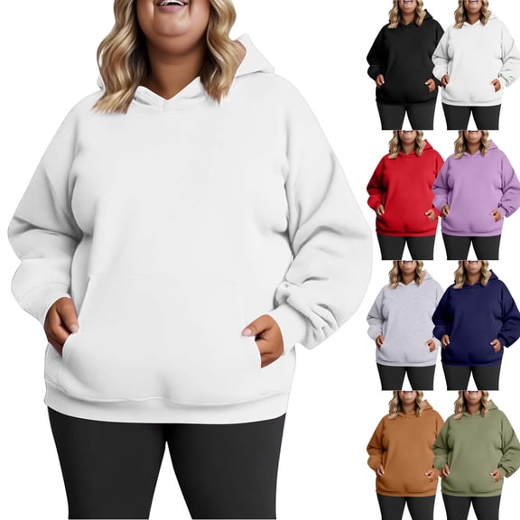 Zxlsdmn Plus Size Hoodie for Women Oversized Long Sleeve Pullover Tops Comfy Solid Color Hooded Sweatshirts Loose Fall Sweatshirt with Pocket White L