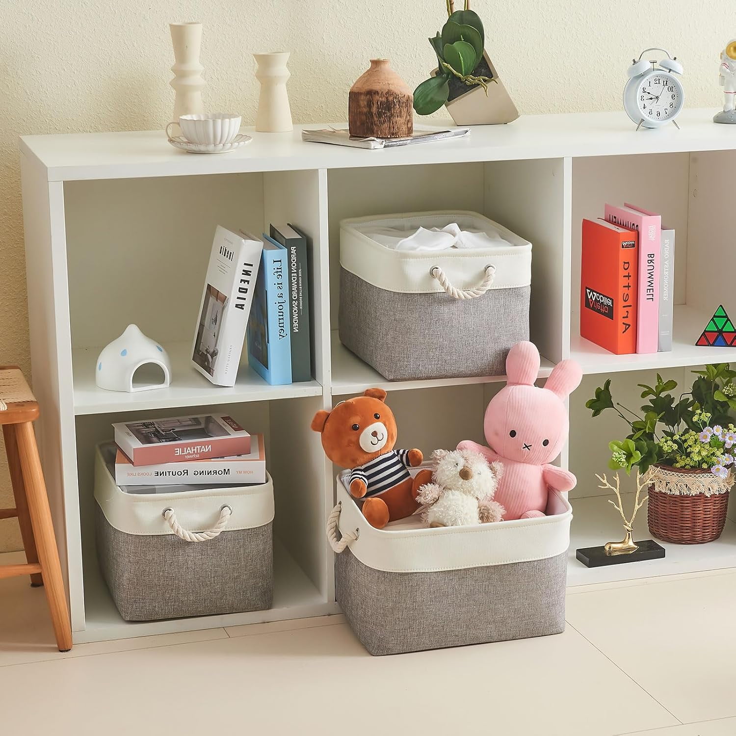 Cube Storage Bins 11x11 Inch, Storage Cube Baskets Fabric Sturdy Basket for Shelves, Storage Boxes with Leather Handle for Shelf Nursery Home Closet Office, 3 Pack