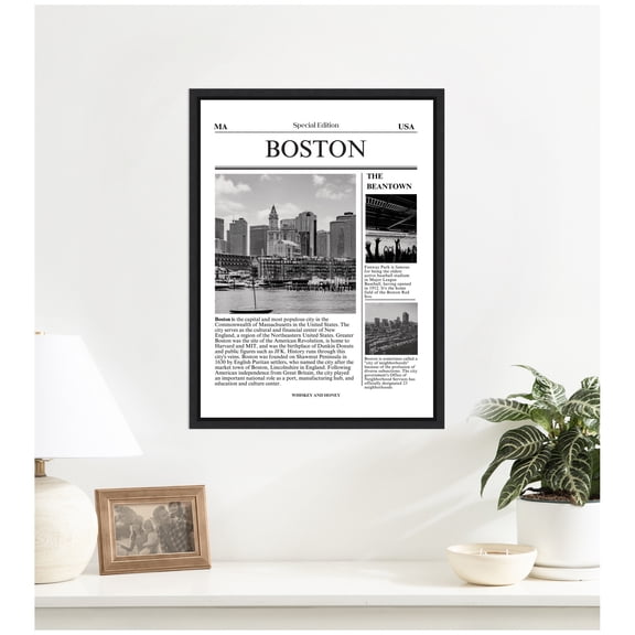 Kate and Laurel Framed Canvas Wall Art Print Boston Article by Megan Ryan, 18 x 24 Sylvie Black Frame, Modern Contemporary, Cityscape Art for Wall Decor