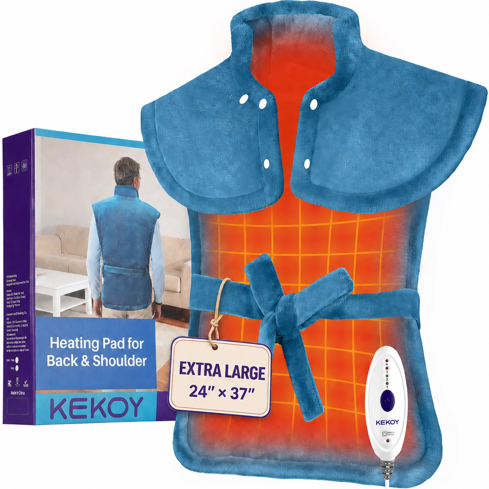 KEKOY Heating Pad for Back and Shoulder Pain Relief, Extra Large Electric Heat Pad 24"x37", Fast Heating for Neck , Auto Shut-off & Machine Washable, Blue
