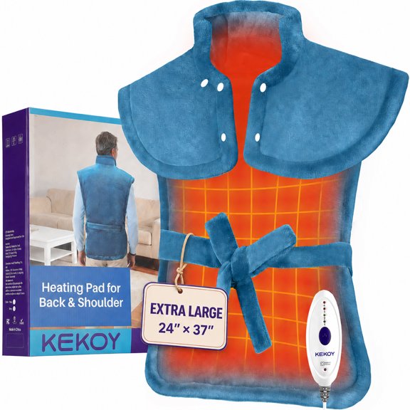 KEKOY Heating Pad for Back and Shoulder Pain Relief, Extra Large Electric Heat Pad 24"x37", Fast Heating for Neck , Auto Shut-off & Machine Washable, Blue