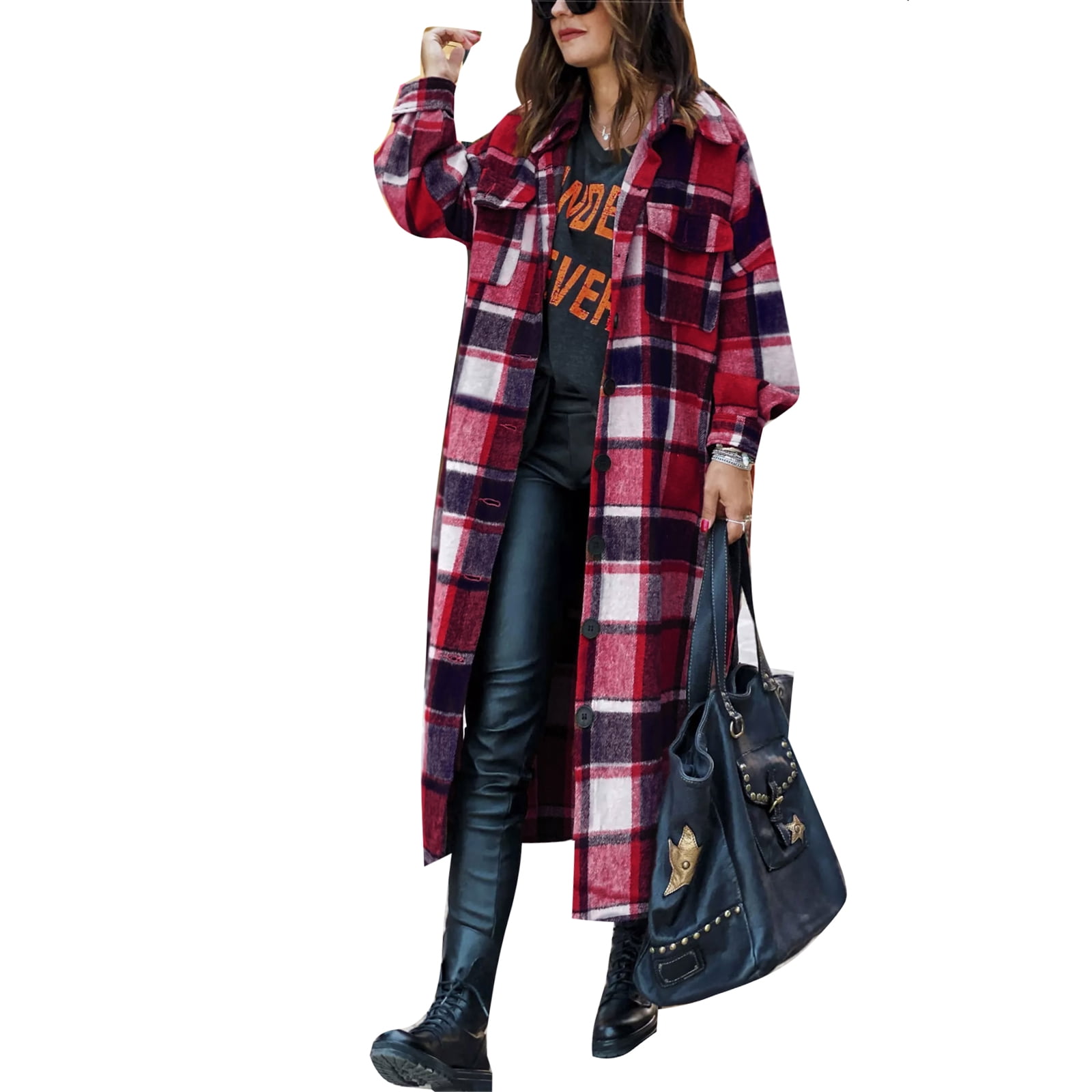 Mialoley Womens Oversize Plaid Lapel Brushed Button Down Pocketed Long Shirt Jacket Shacket Coat