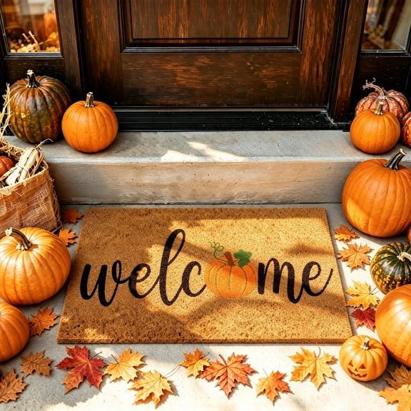 HiberyHom Fall Doormat, Pumpkin Coir Welcome Mat, Non Slip Fall Outdoor Mat for Entrance Porch 17 x 30 Inch