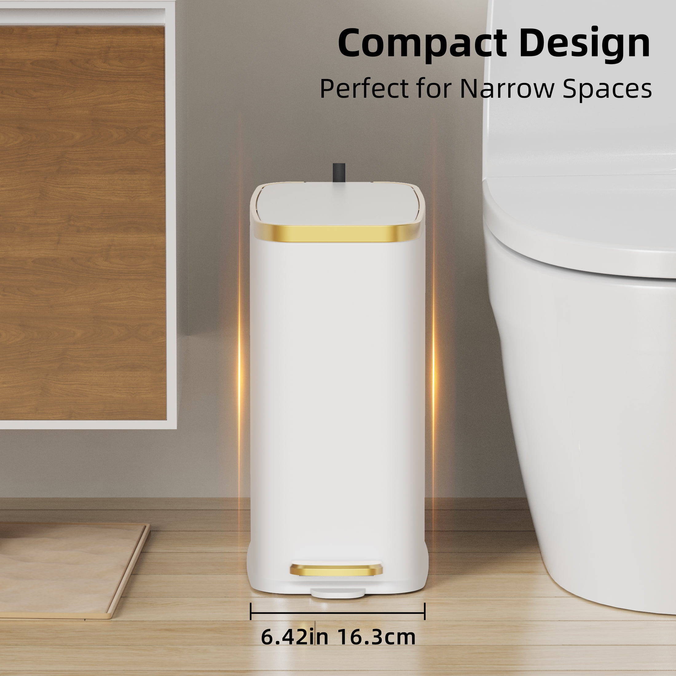 KSSKSS 1.6 Gallon/6L Slim Stainless Steel Bathroom Trash Can with Lid, Soft-Close Small Garbage Bin for Narrow Spaces, White
