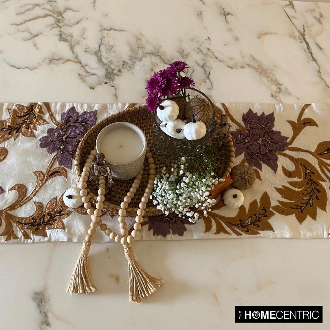 Decorative Table Runner Ivory, Gold, Purple, 14 inch wide x 90 inch long Silk Beaded Table Runner Ivory Blossoms Applique Velvet Embroidered Elegant Modern - Brown Floral