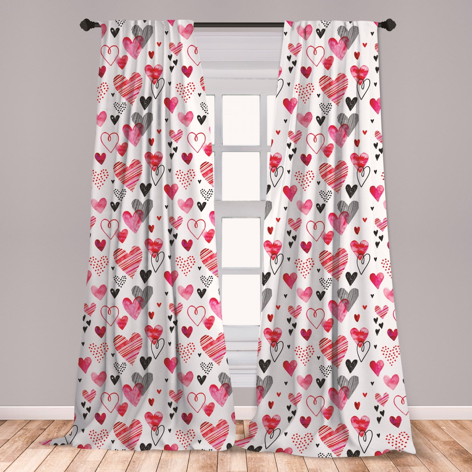 Valentines Curtains 2 Panels Set, Doodle Style Hearts with Different