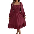 thumbnail image 2 of Ailaofu Women's Solid Color Square Neck Long Sleeve Tie Waist Ruffle Hem A-Line Casual Midi Dress, 2 of 7