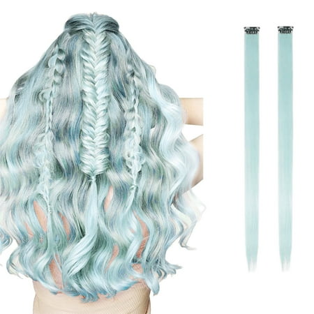 Pullover Toupee-Color Card Wig Piece Long Straight Hair Single Card Two Piece Color Hair Extension Piece Gradient Hanging Ear Bleach Dyed Wig Ear-Hanging Perm Wig Extensions 2Pc Mint Blue 2513#