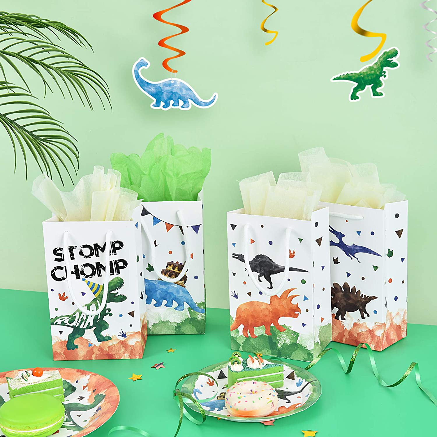 16 Pack Dinosaur Party Favor Bags for Boys Kids Dino Theme Party Supplies Candy Treat Goodies Gift Bags with Handle Watercolor Dinosaur Party Bags