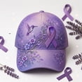 thumbnail image 5 of Purple Floral Hummingbird Print Awareness Hat | Unisex, Purple Ribbon Design, Pansy Floral Print, Awareness Support, Baseball Cap(B-Style), 5 of 9