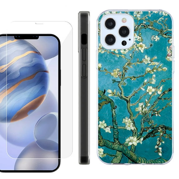 Slim Fit Protective Phone Case for Apple iPhone 12 / iPhone 12 Pro, with Tempered Glass Screen Protector, by OneToughShield ® - Almond Blossom