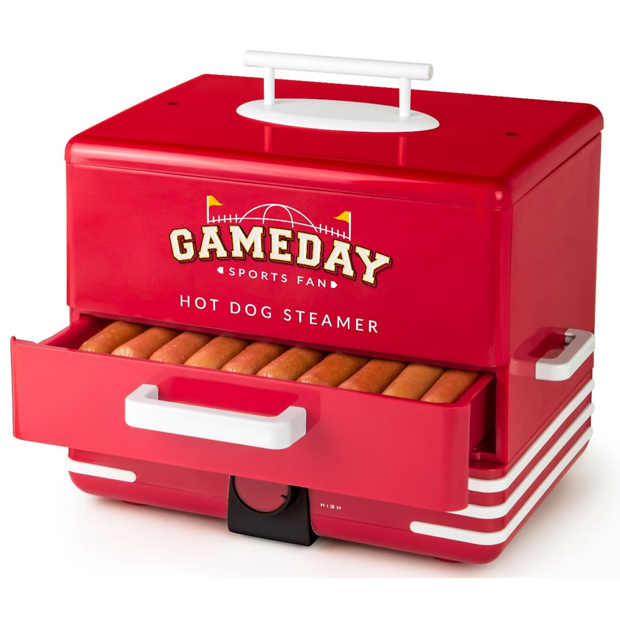 Nostalgia Game Day Hot Dog Steamer, Large Hot Dog Cooker with Bun Warming Tray, 1200W, Red