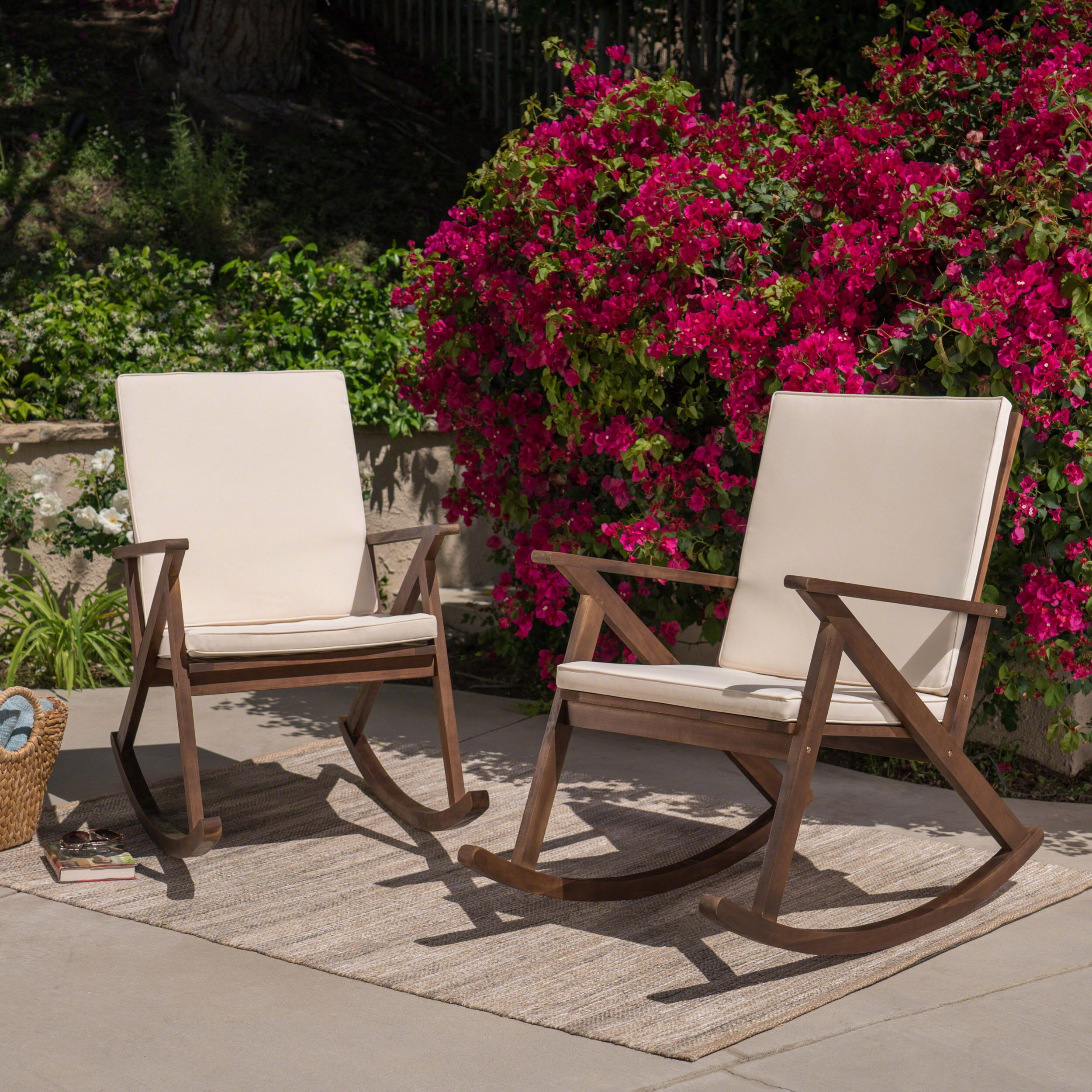 Gustavo Outdoor Acacia Wood Rocking Chair With Cushion Dark Brown Cream Walmart Com Walmart Com