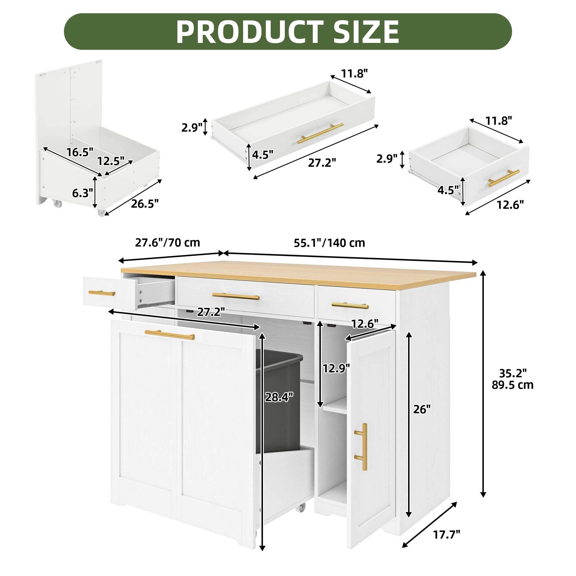 Uforic Kitchen Island with Drop Leaf & Wheels, Island Table with Trash Storage Cabinet, White