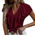 thumbnail image 4 of WREESH Womens Fashion Button Down Ruffle Blouse Vintage Shirt Tops Solid Color Spring Summer V-Neck Short Sleeve T-Shirt Temperament Chiffon Shirt Wine, 4 of 8