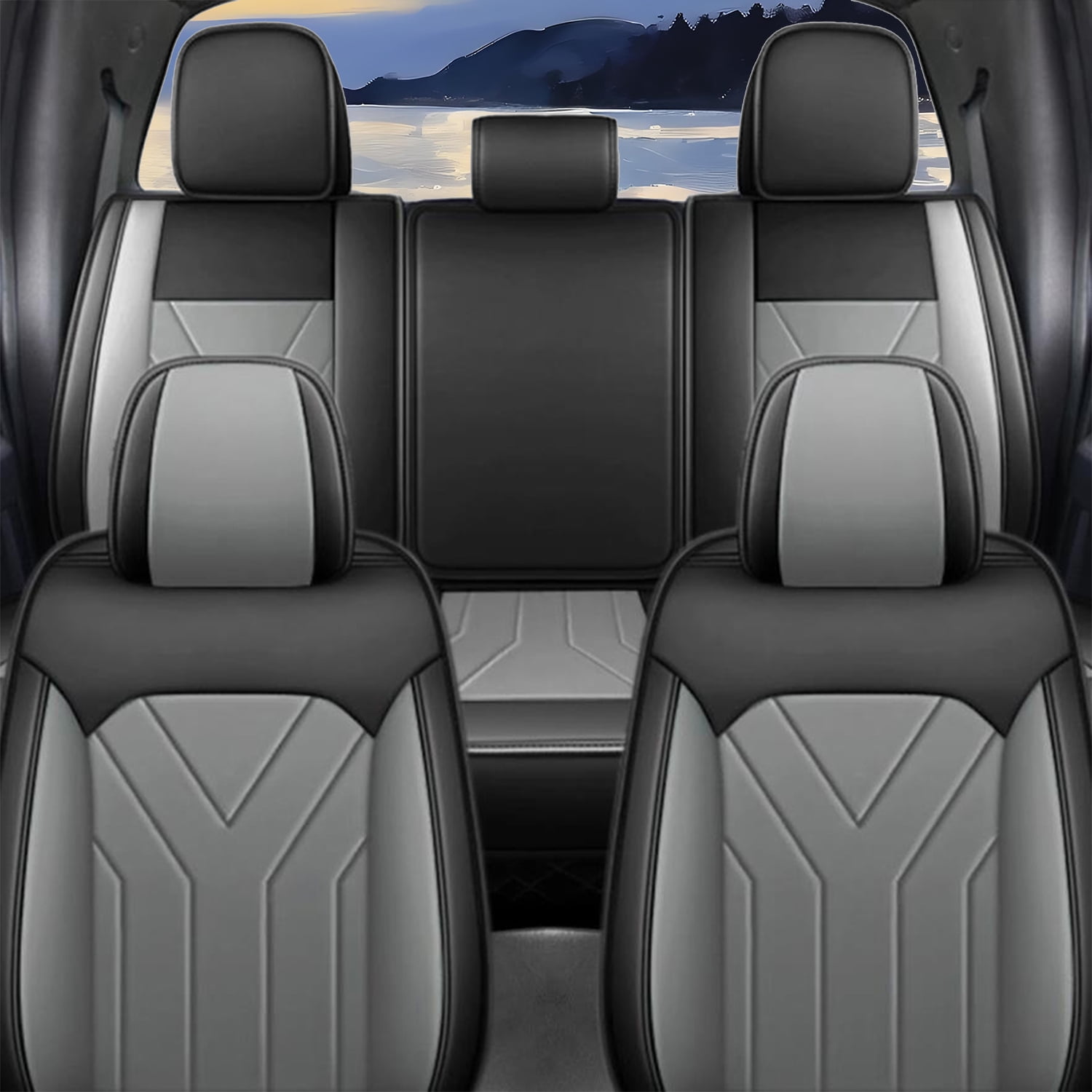 Fit Jeep Cherokee 2014-2025 Seat Covers - Full Set Waterproof Leather Car Seat Covers Compatible Airbag（5 Seat,Black&Gray）