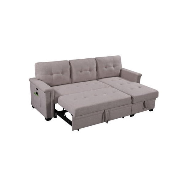 Light Gray Woven Fabric Aurora Sectional Sofa - 84''W Reversible Sleeper with Storage Chaise, USB Ports & Side Pocket