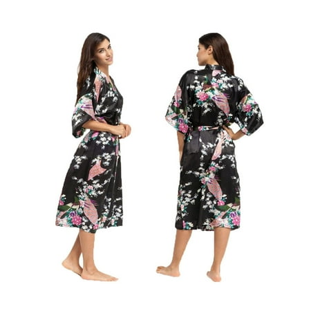

Grace Art Long Robe Kimono Peacock Black With Pockets