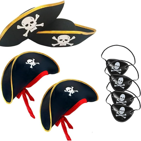 GHSDFBB 4 Pcs Halloween Pirate Hat-Tri Corner Pirate Party Hat Skull Print Pirate Captain Costume-Party, Birthday with Eye Patch