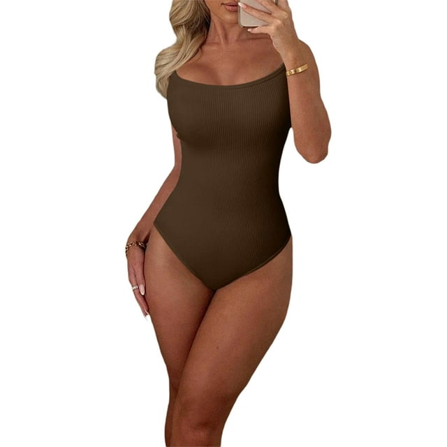 xiaxaixu Bodysuits for Women, Ribbed Sleeveless Scoop Neck Solid Color Shapewear Leotard Cami Tops