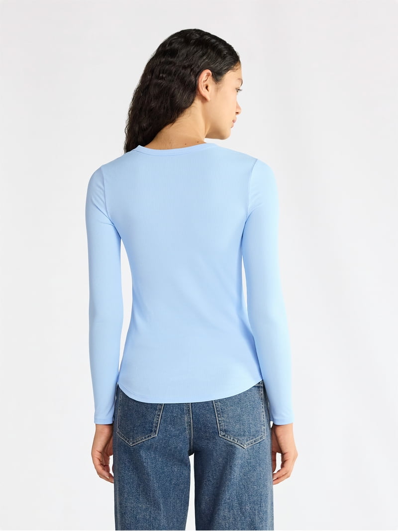 No Boundaries Ribbed Crewneck Tee with Long Sleeves, Women's and