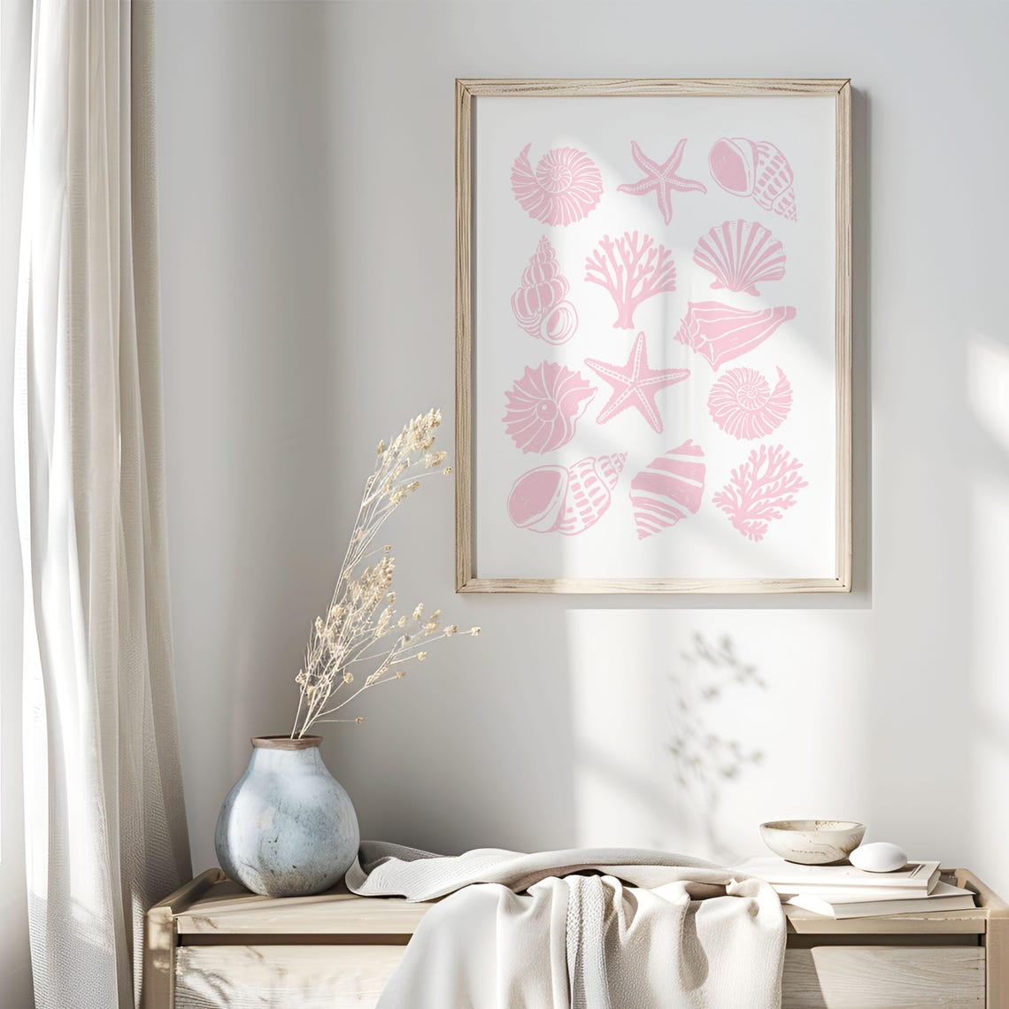 Blush Seashells Wall Art Print Beachy Coastal Home Decor