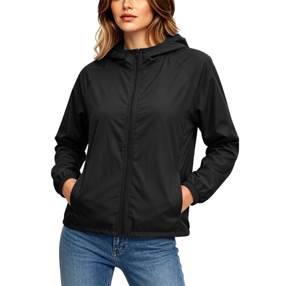 XUNKUSGA Womens Rain Jacket with Hood Classic Solid Color Sun Protection Full-Zip Hiking Jackets Lightweight Windbreaker Jacket Women with Elastic Cuffs,Black,S
