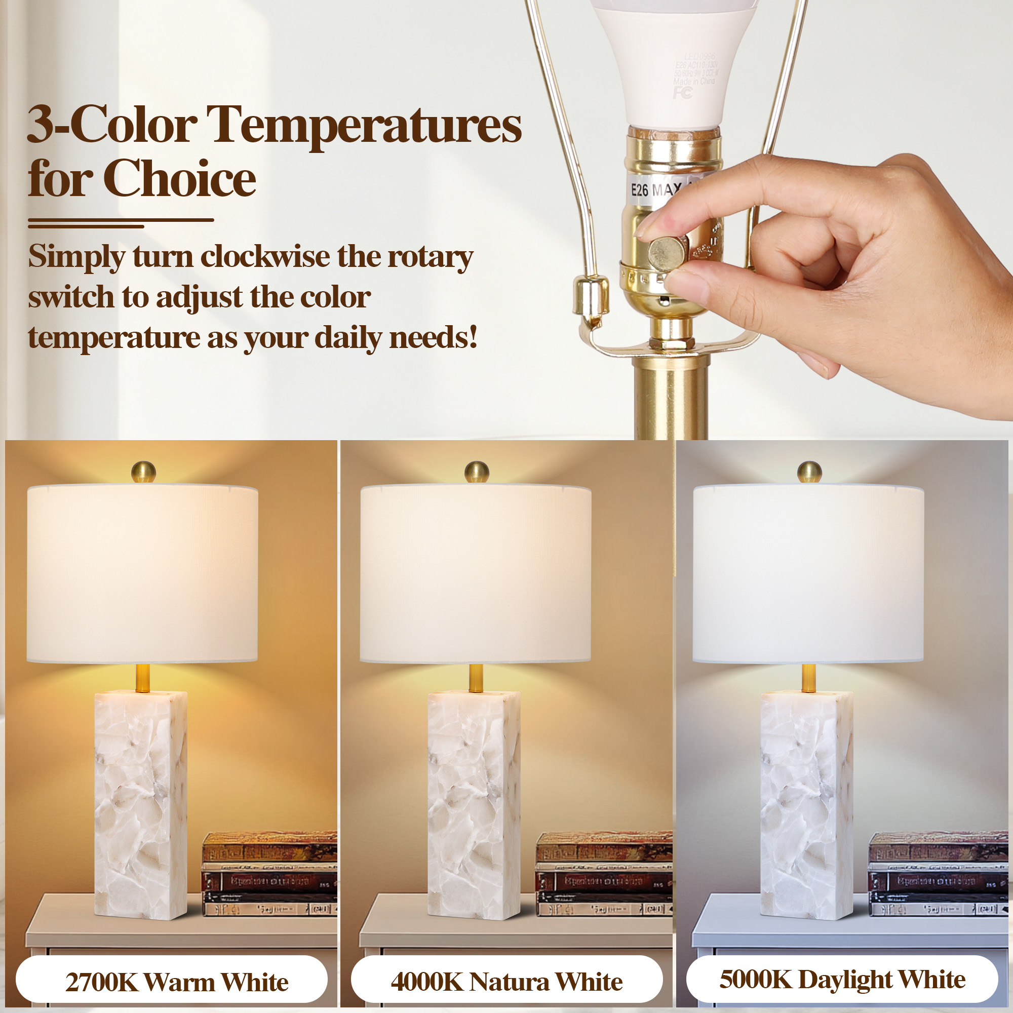 26.5in Alabaster Lamp, Marble Lamp Nightstand Lamp Bedside Desk Lamp with White Linen Lampshade for Bedroom Living Room Office