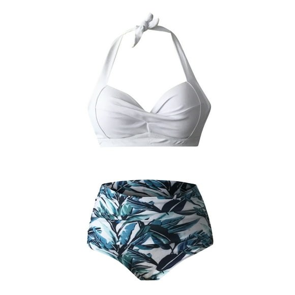 Wozhidaose Swimsuit Women High Waisted Bikini Swimsuit Set Waist Print Halter Piece Vintage High Two Retro Ruched Swimwears Tankinis Set White Bikini White S