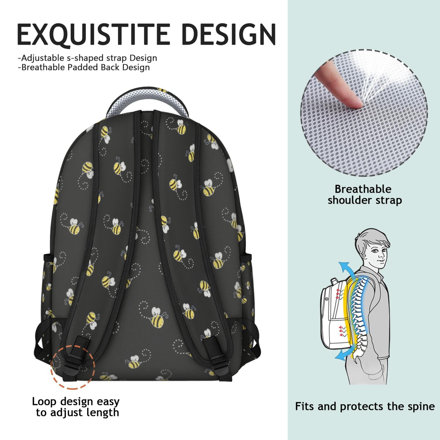 Bees Print Backpack - Water-Resistant School Bag for Students, Durable College Bookbag with Laptop Compartment, Comfortable Padded Straps & Cute Bee Design