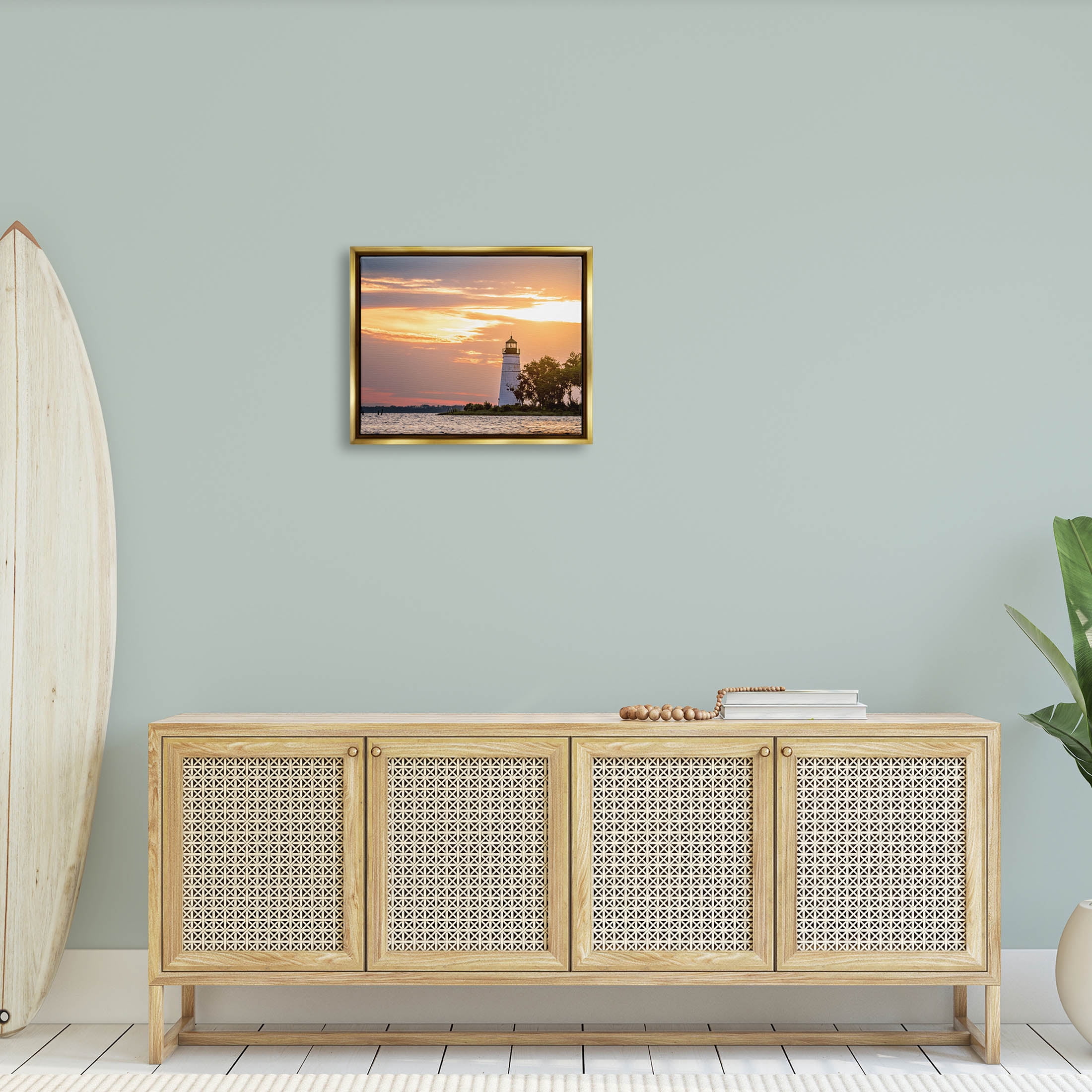 Nautical Lighthouse Sunset Horizon Coastal Photograph Metallic Gold Framed Art Print Wall Art