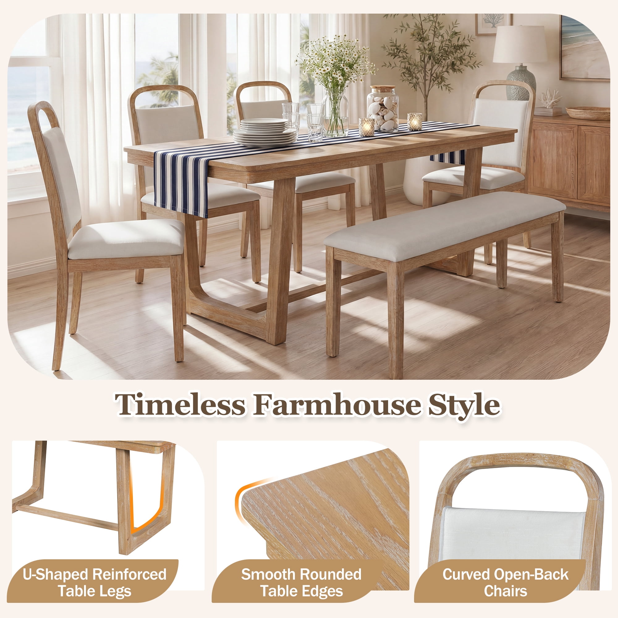 Euroco Farmhouse 6-Piece Dining Table Set for 6, Wood Rectangular Kitchen Table with 4 Upholstered Chairs & 1 Bench for Dining Room, Kitchen,Natural