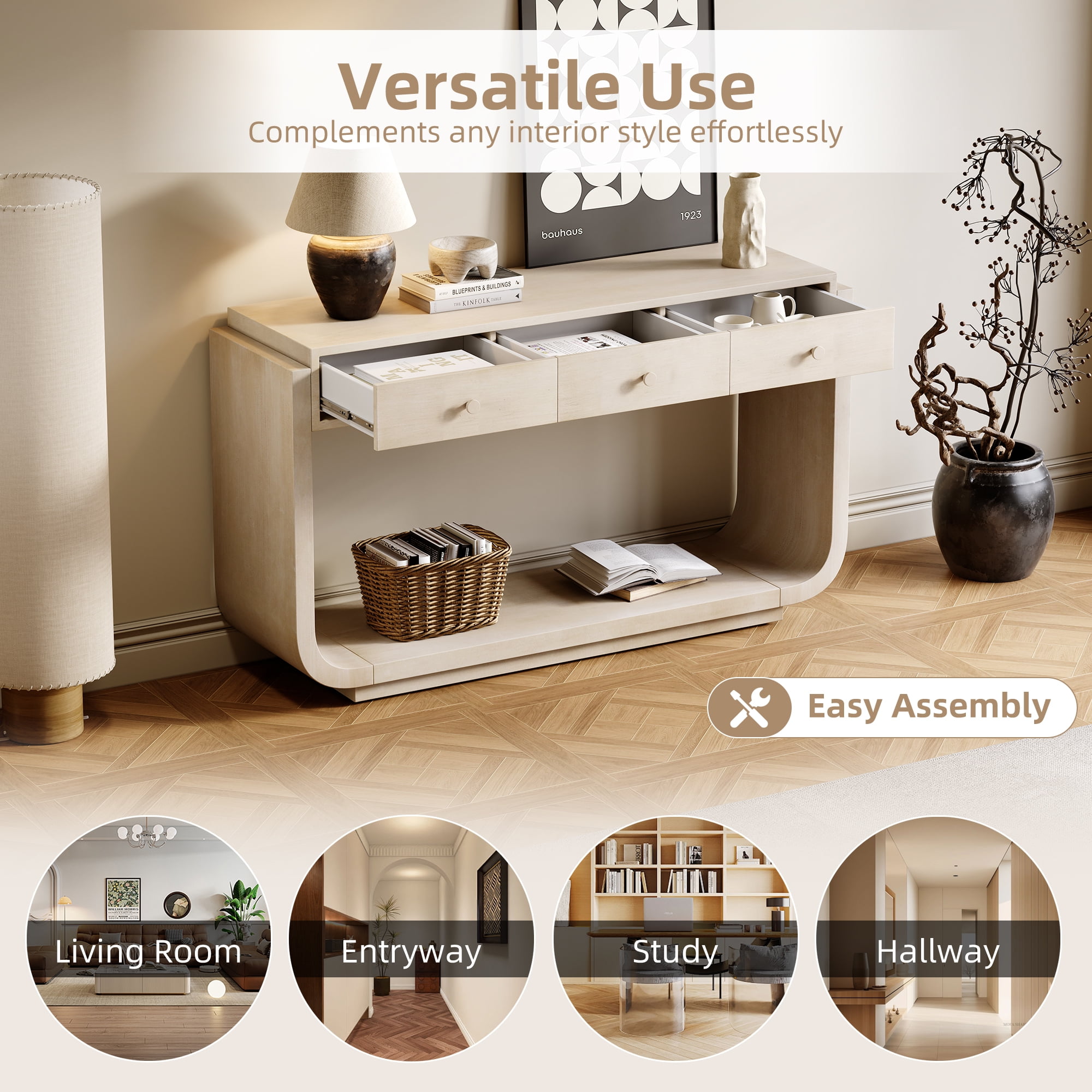 Euroco 55-Inch Antique Console Table, Rectangular Sofa Table Behind the Couch with 3 Drawers & Bottom Open Storage Shelf,Narrow Entryway Table for Hallway, Living Room, Beige