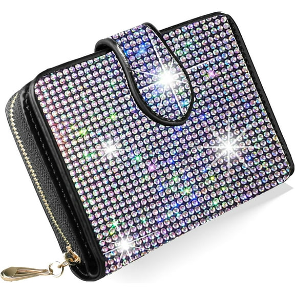 Bling Rhinestone Small Womens Wallet Clutch Artificial Diamond Purse Credit Card ID Coin Holder W/Zipper Silver/White