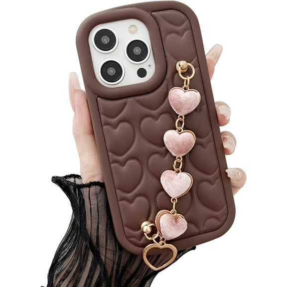 Love Heart with Bracelet Chain Solid Color Silicone Case Compatible with iPhone Case (Brown,iPhone 12)