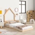 thumbnail image 3 of SYNGAR Twin Size Bed Frame with House-Shape Headboard, Wooden Bed Frame Twin with Guardrail for Kis and Adults, Modern Bed Frame Twin Size with 7 Wood Slat,No Box Spring Needed, Oak Color, 3 of 13