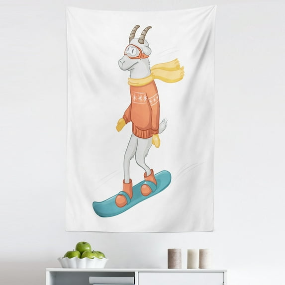 Goat Tapestry, Cartoon Goat on a Snowboard Wearing Pullover Scarf and Goggles in Winter Season, Fabric Wall Hanging Decor for Bedroom Living Room Dorm, 5 Sizes, Multicolor, by Ambesonne